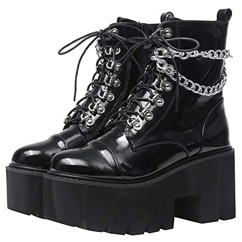 CYNLLIO Fashion Block Heel Platform Chain Combat Ankle Booties Women's Lace up Studded Motorcycle Boots Mid Calf Goth Boots