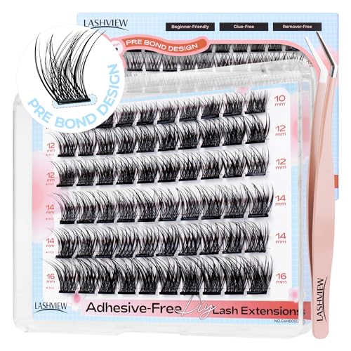 LASHVIEW Self Adhesive Eyelashes,D Curl Press On Lash Clusters Kit Pre Glued Eyelash Clusters with Applicator,No Glue No Remover Needed DIY Lash Extension Kit 10-16mm (N01 60Pcs)