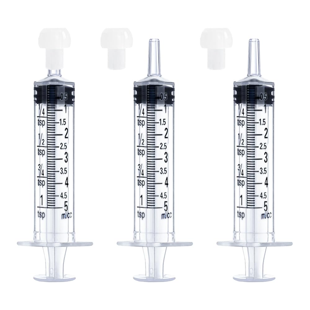 5mL Syringe for Liquid, Food, Oral, Scientific Labs, Measurement, Dispensing, Press-In Adapter, Craft, Big Tip with Cap- 3 Pack 5ml Syringes with tsp & mL Measurement