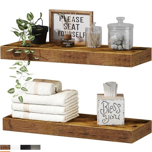 QEEIG Bathroom Floating Shelves for Wall - Shelf Over Toilet Small Wall Mounted Farmhouse Decor 16 inch Set of 2, Rustic Brown (008-40BN)