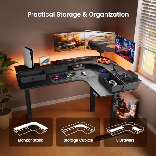 ErGear 65″ L Shaped Gaming Desk with 3 Drawers, Standing Desk Height Adjustable w/Monitor Shelf [C-Clamp Mount Compatible], Corner Stand up Desk w/Cable Management Trays for Home Office, Black