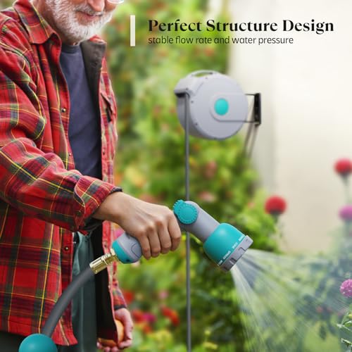 Gilbest Retractable Garden Hose Reel,1/2 in x 65 ft Wall Mounted Hose Reel, with 10- Function Sprayer Nozzle, Any Length Lock/Slow Return System/Wall Mounted/180°Swivel Bracket (Grey)