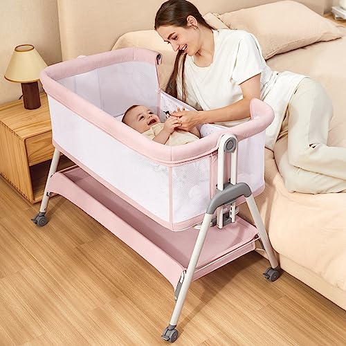 ANGELBLISS Baby Bassinet Bedside Sleeper, Easy Folding Portable Bassinet for Baby with Wheels, Adjustable Height, Included Mattress (Beige)