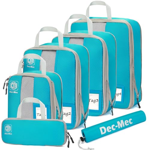 Dec-Mec 4/6 Set Compression Packing Cubes with Tag Holders for Travel, Expandable Packing Organizers, Carry On Luggage Suitcase Organizer Bags as Travel Accessories (6set,Blue)