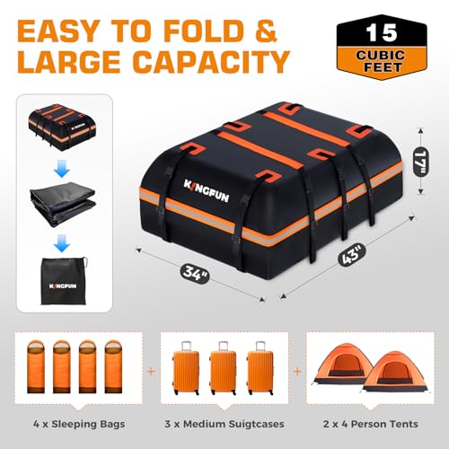 Kingfun Car Rooftop Cargo Carrier Bag - Waterproof 15 Cubic Feet Car Roof Luggage Carrier for All Vechicles with/Without Racks, Includes Anti-Slip Mat, 8 Reinforced Straps, 6 Door Hooks, Luggage Lock