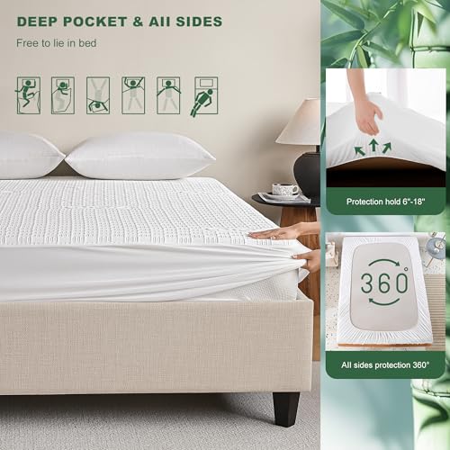 GRT Waterproof Mattress Protector, Breathable 3D Air Fabric Cooling Rayon Made from Bamboo Mattress Cover, Smooth Soft Noiseless Mattress Pad Machine Washable, Fitted 8''- 26'' Deep Pocket