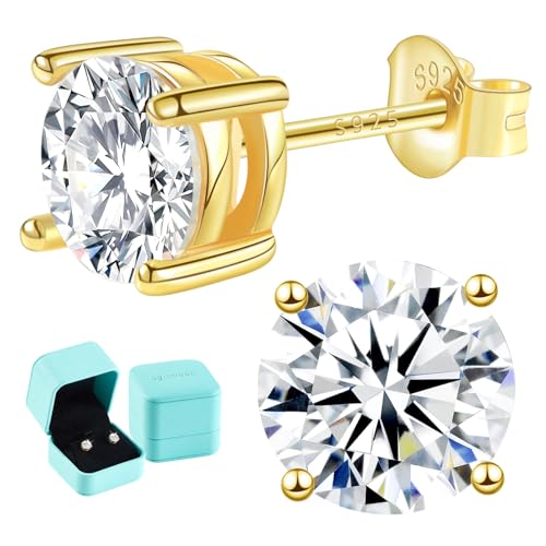 Moissanite Lab Created Diamond Earrings 1.0ctw-3.0ctw Solitaire Studs, D Color VVS1, Hypoallergenic 925 Sterling Silver, 14K Gold Plated, Friction Back - Gift for Women & Men, 4mm, 4P