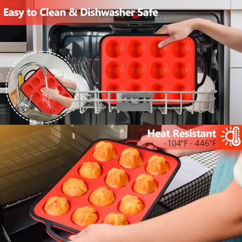 Silicone Muffin Pan with Metal Reinforced Frame - 12-Cup Mini Muffin Pan for Homemade Muffins, Cupcakes, Oven and Dishwasher Safe - Black Rim With Red Bottom, Mother's Day Gifts