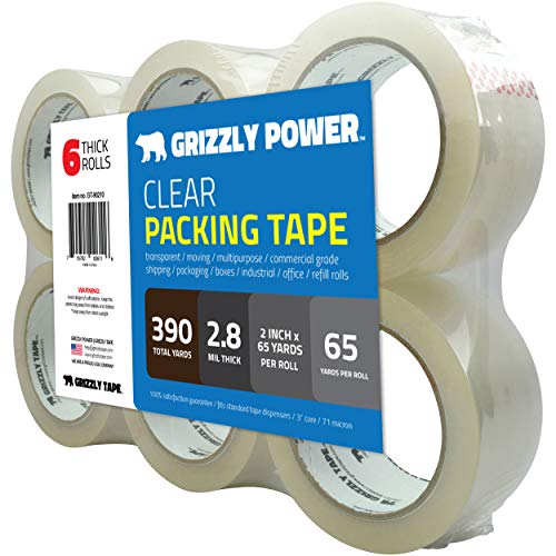 Grizzly Power Clear Packing Tape Refill Rolls for Shipping, Moving Packaging - True 2 Inch x 65 Yards, 2.8mil Thick, 6 Rolls