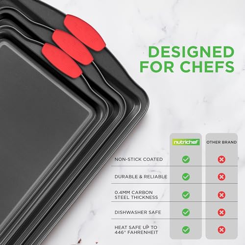 NutriChef Non-Stick Kitchen Oven Baking Pans-Deluxe & Stylish Nonstick Gray Coating Inside Outside, Commercial Grade Restaurant Quality Metal Bakeware with Red Silicone Handles NCSBS3S, 3 Piece Set