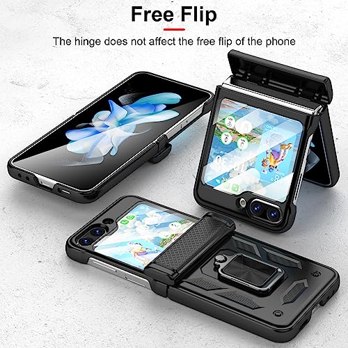 Galaxy Z Flip 5 Case with Hinge Protection Back Screen Protector Shockproof Z Flip 5 Case Ring Kickstand for Samsung Flip Z 5G Case - Black