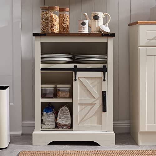 OKD Bathroom Floor Cabinet, Farmhouse Storage Cabinet with Sliding Barn Door & Storage Drawers, Small Storage Cabinet for Bathroom, Kitchen, Living Room, Antique Brush White