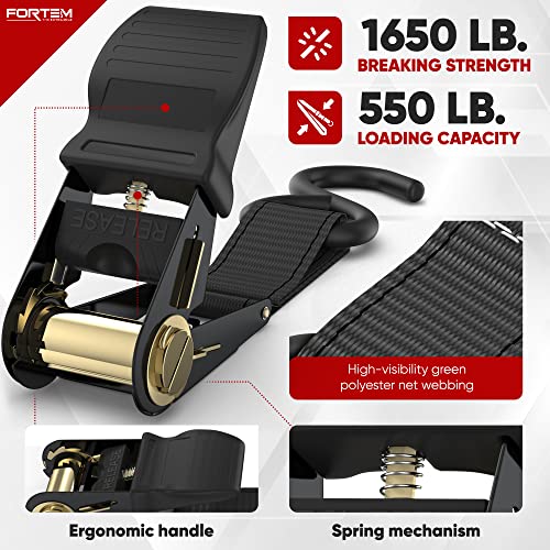 FORTEM Ratchet Straps (4), 1650lb Break Strength, 15ft Tie Down Strap, 4 Soft Loops, Motorcycle Straps Tie Downs, Cargo Straps for Trucks, Metal Hooks