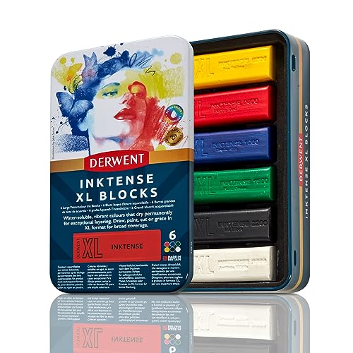 Derwent Inktense XL Blocks 6 Tin, Set of 6, 60mm Extra-Large Block, Water-soluble, Ideal for Sketching, Drawing and Expressive Mark Making, Professional Quality (2306161)