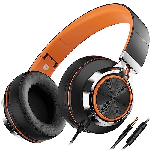 Kids Headphones, Headphones Wired with Microphone and Volume Control Folding Stereo Corded On-Ear 3.5mm Headset for Boys Girl Cellphones Tablets Chromebook Laptop Computer (Black/Orange)