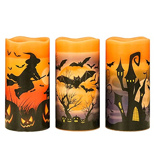 Eldnacele Halloween Flameless Candles, LED Flickering Battery Pillar Candles with 6H Timer and Pumpkin Decals, Spooky Fall Halloween Festival Party Decoration Set of 3 (D 3” x H 4” 5” 6”)