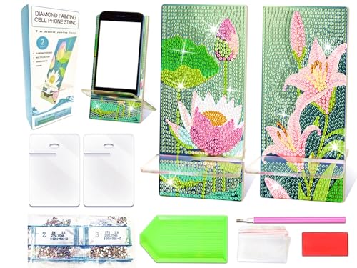NUFTVI Diamond Painting Phone Holder Kits, 5D Full Crystal Diamond Art & Mirror Craft Kits Gift for Adult, Tabletop Decoration (2 Pack, Lotus/Lily)