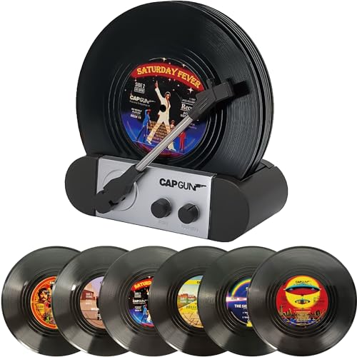 Funny Retro Vinyl Record Coasters, Creative Drink Coasters Set of 6 with Vinyl Record Player Holder for Music Lovers, Housewarming Hostess Gifts, Birthday and White Elephant Gifts Ideas
