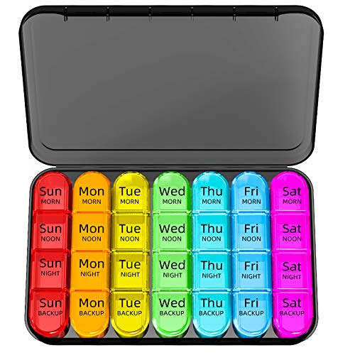 Odaro Weekly Pill Organizer 4 Times a Day, Daily Pill Box 7 Day, Large Travel Pill Case with 28 Compartment to Hold Medicine, Vitamin and Supplement (Color)