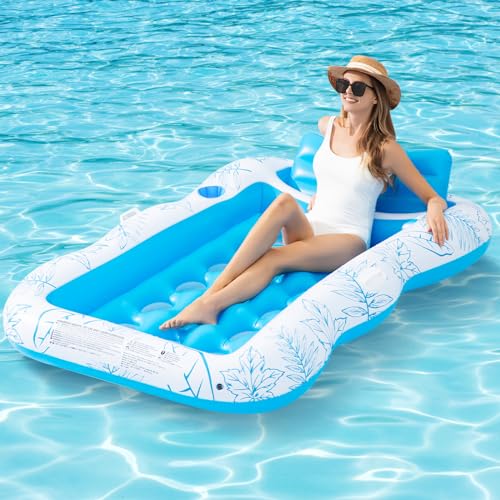 Inflatable Pool Float Lounge for Adults, BAIAI Large Pool Floaties Rafts for Adults with Headrest Drink Holder Sun Tanning Floats for Swimming Pool with Holes Lake Float Summer Beach Pool Party