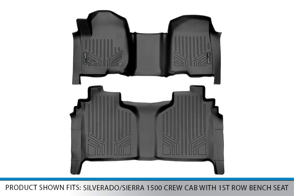 SMARTLINER Floor Mats 2 Row Liner Set Black Compatible with 2019-2022 Silverado/Sierra 1500 2020-2022 2500/3500 Crew Cab with 1st Row Bench Seat