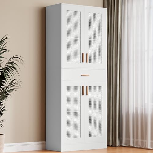 Cozy Castle Kitchen Pantry, 71" H Freestanding Rattan Pantry Cabinets with Doors, Adjustable Shelves and Drawer for Kitchen, Dining Room, Oak
