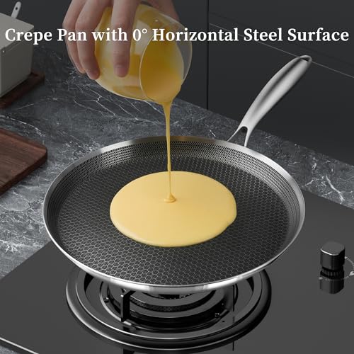 Innerwell Nonstick Crepe Pan 10 inch Stainless Steel Crepe Pan Honeycomb Coating Flat Skillet Tawa Dosa Tortilla Pan,Omelet Pan with All Stove Tops Available, Induction Compatible