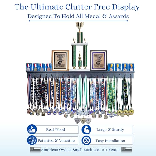 4ft- Medal Awards Rack Premier Medal Hanger Display Rack and Trophy Shelf for Gymnastics, Soccer, Basketball, Football, and More. The Largest Medal and Award Display- 48” - Black