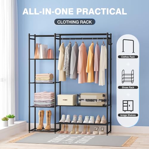 Wardrobe Closet, Portable Clothing Rack for Hanging Clothes, Free Standing Closet Organizers and Storage System with 4 Tiers Shelves for Cloakroom Bedroom, Black