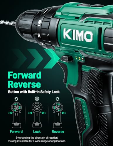 KIMO Hammer Drill - 20V 2X Battery Hammer Drill Cordless Drill Set, 3/8" Keyless Chuck, 350 In-lb Torque, 1350 RPM, 21+3 Position,14pcs Drill/Driver Bits, Power Drill Drivers for Brick Wall Concrete