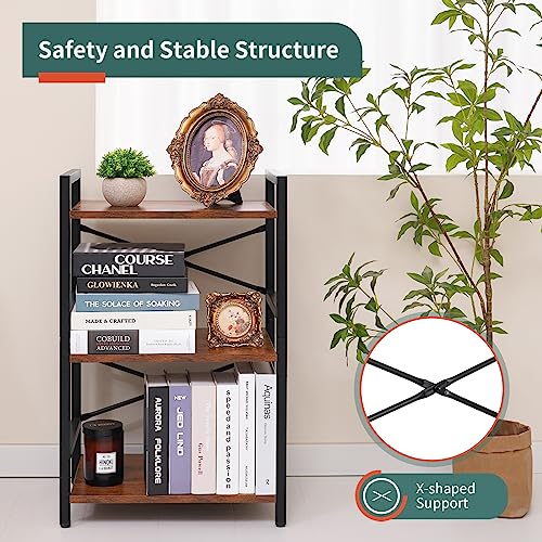 Yoobure Bookshelf Small Book Shelf, Solid Industrial 3 Tier Shelf Bookcase, Short Book Case for Bedroom, Living Room, Office Home, Small Spaces, Berry Brown