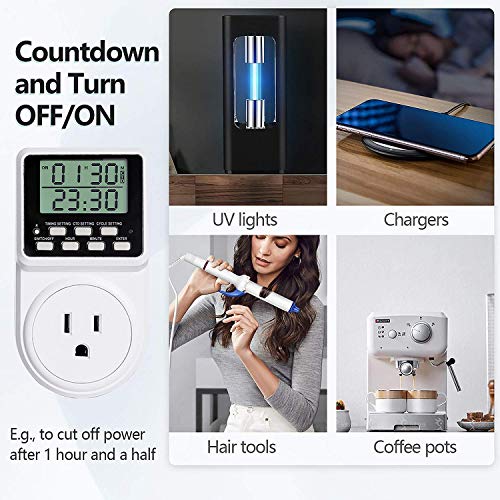 Techbee Digital Infinite Repeat Cycle Intermittent Timer Plug for Electrical Outlet, 24 Hour Programmable Indoor Timed Power Switch with Countdown Delay On and Off (120V, 15A), 1 pack
