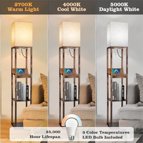 RUNTOP 3-Shelf Floor Lamp with LED Bulbs - Modern Standing Display Shelf Lamp for Living Room, Bedroom and Office (Black)