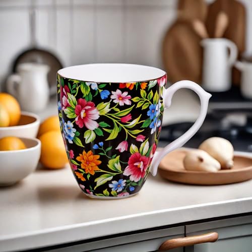 PMNING 14oz Floral Mug Porcelain Coffee Tea Cups - Novetly Floral Coffee Mugs Flower Coffee Mugs for Women Men - Christmas Birthday Gifts for Dad Mom Brother Friend(Black)