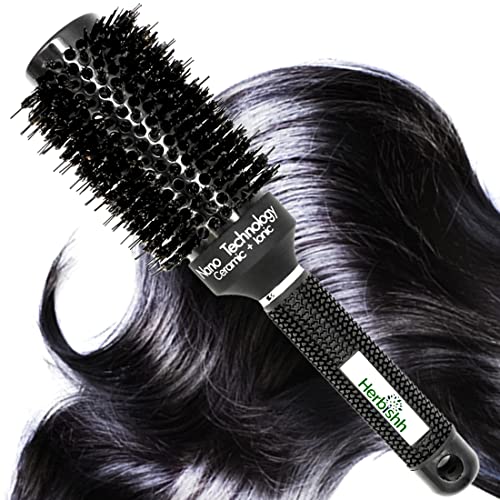 Herbishh Ceramic Thermal Round Brush for Blow Drying, Professional Heat Resistant & Anti Static Round Ionic Hair Brush Design, Nylon Teeth & Bristles (32), White, 1 Count