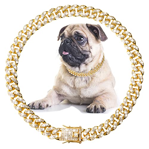 Dog Chain Collar Dog Chain Diamond Cuban Collar with Secure Buckle, Pet Jewelry Accessories for Large Medium Dogs Cats(Gold,22 Inches)