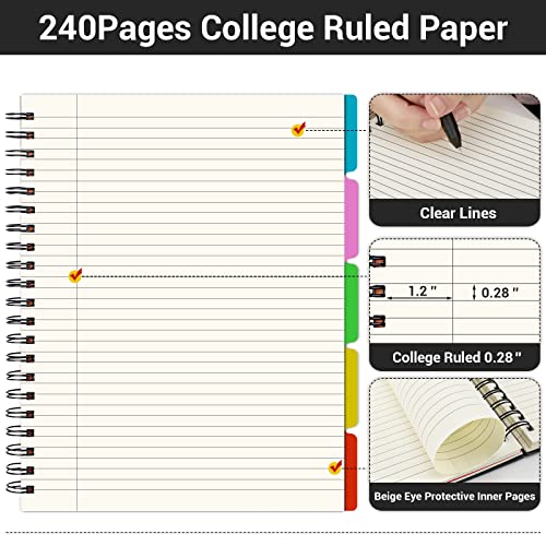 EUSOAR 5 Subject Notebook College Ruled, 1 Pack A4 11" x 8-1/2", 100GSM Line Paper,120 Sheets/ 240 Pages, Thick Hardcover Large Journal Notebooks with Dividers for School Office Note Taking Travel