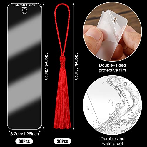60 Pcs Acrylic Bookmark Blanks, 30Pcs Clear Acrylic Bookmarks for Women with 30 Pieces Colorful Tassel for DIY Bookmarks Crafts School Gift Bags Book Lovers Valentines Readers Gifts (4.75 × 1Inch)
