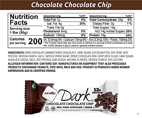 NuGo Dark Chocolate Chocolate Chip, 12g Vegan Protein, 200 Calorie, Gluten Free, 24 Count