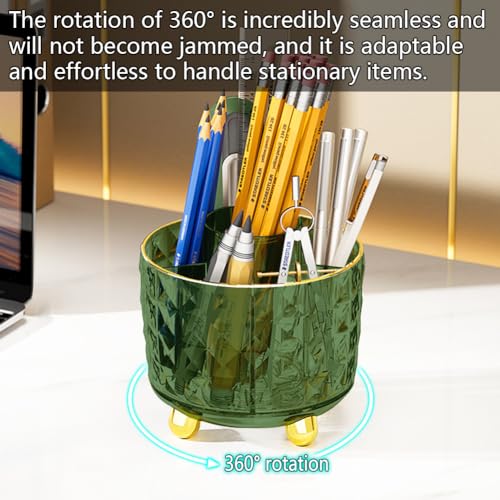 GOTOBA Dark Green Pen Pencil Holder for Desk, 360° Rotating Pen Organizer, Green Office Supplies, Cute Pen Holder, 6-Compartment Pencil Holder Rotating