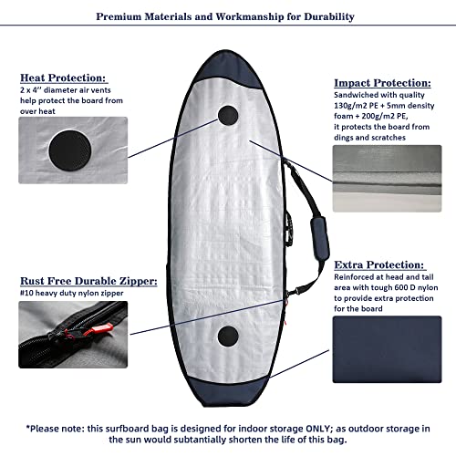 Abahub Premium 6'0 x 22 Surfboard Travel Bag, Foam Padded Surf Board Cover, Shortboard Carrying Bags for Surfing, Outdoor, Airplane, Car, Truck, DarkBlue…