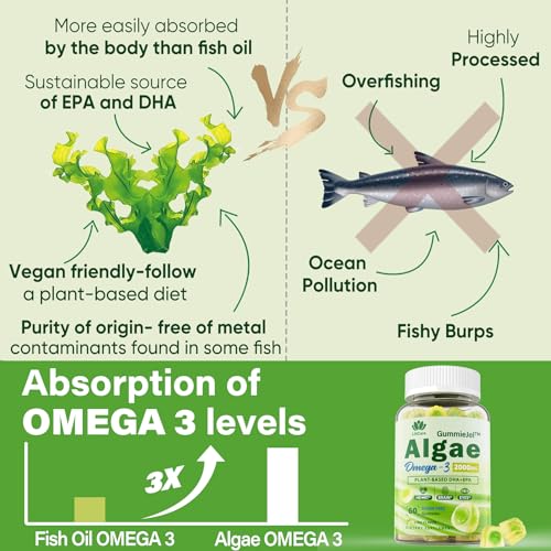 Vegan Omega 3 Supplement Gummies 1100mg, Algae Omega 3 DHA 640mg & EPA 290mg from Marine, with CoQ10, Astaxanthin, Vitamin E, A, D3 for Brain, Eye, Joint, Fish Oil Supplements Alternative, Sugar Free