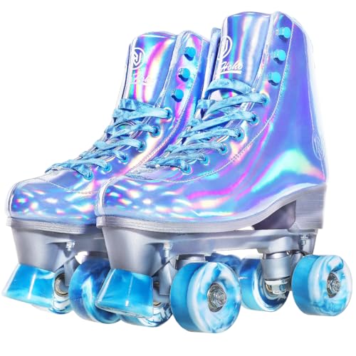 JajaHoho Roller Skates for Women, Holographic High Top Faux Leather Rollerskates, Shiny Double-Row Four Colour Frozen Wheels Quad Skates for Girls and Age 8-51 Indoor Outdoor (Very Peri Blue, Size 3)