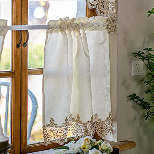 SUTAVIA Classical Lace Kitchen Curtain Set 2 Panels for Window Farmhouse Cafe Curtains Beige Fabric with Champagne Lace Rod Pocket Window Treatment Country for Kitchen Bedroom Living Room Bathroom