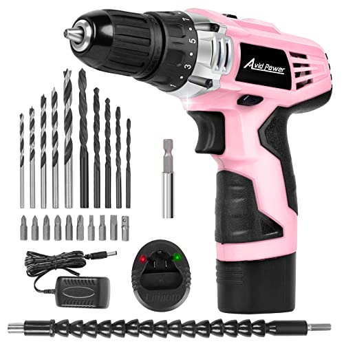 AVID POWER Cordless Drill Pink, 12V Power Drill Set with 22pcs Impact Driver Bits, 2 Variable Speed, 3/8'' Keyless Chuck, 15+1 Torque Setting (Pink)