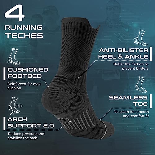 Compression Running Socks 3 Pairs, Cushion Crew Socks, Anti-Blister Moisture Wicking Athletic Hiking Basketball Socks