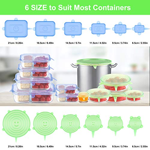 ONEGOL Silicone Stretch Lids, 12 Pack Silicone Lids, 6 Sizes BPA-free Silicone Bowl Covers Reusable for Cups, Bowls and Dish, Flexible, Round and Rectangle Fit 2.8” - 8.2” Container, Green & Blue