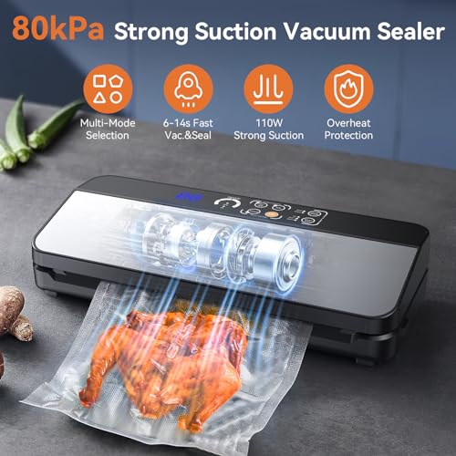 Pyukix Vacuum Sealer Machine, Food Sealer Machine 80KPA Fully Automatic 8-IN-1 Food Saver for Dry/Moist Mode with Build-in Cutter&Storage, Air Suction Hose, Digital Countdown, Bag Roll, 11 Vacuum Bags