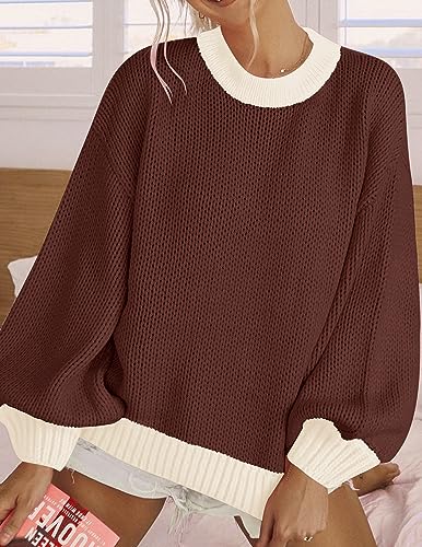ZESICA Women's Casual Long Sleeve Crew Neck Pullover 2024 Fall Ribbed Knit Loose Contrast Color Sweater Tops,Purple,Medium