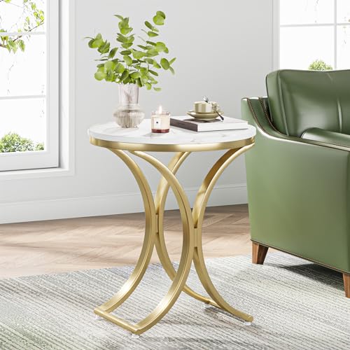 Tribesigns Small Round Sofa Side Table, Faux Marble White and Gold End Table, Contemporary Side Table Bedside Coffee Table (1PCS)